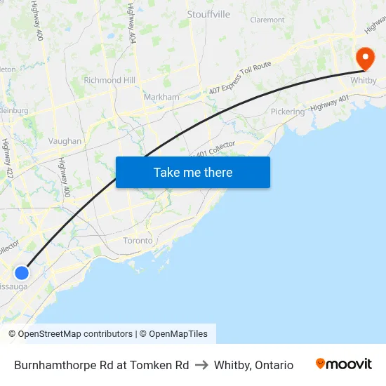 Burnhamthorpe Rd at Tomken Rd to Whitby, Ontario map