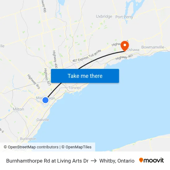 Burnhamthorpe Rd at Living Arts Dr to Whitby, Ontario map