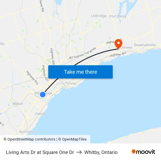 Living Arts Dr at Square One Dr to Whitby, Ontario map