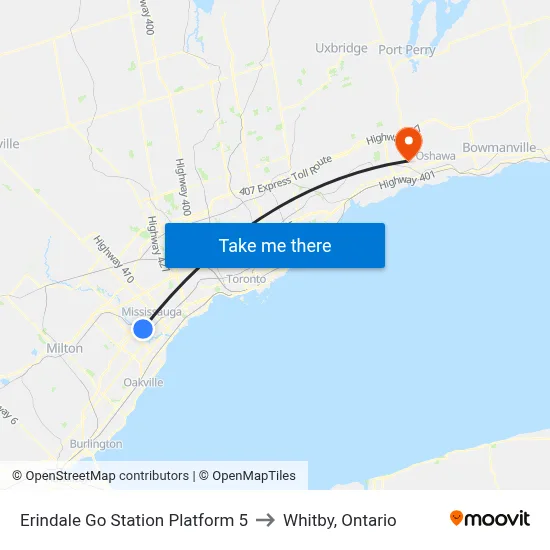 Erindale Go Station Platform 5 to Whitby, Ontario map