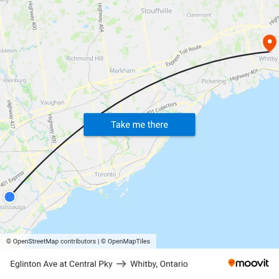 Eglinton Ave at Central Pky to Whitby, Ontario map