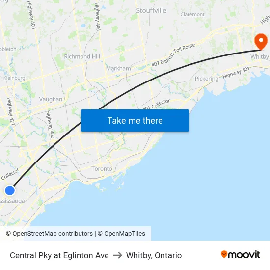 Central Pky at Eglinton Ave to Whitby, Ontario map