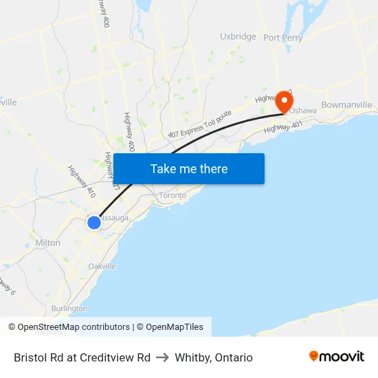 Bristol Rd at Creditview Rd to Whitby, Ontario map