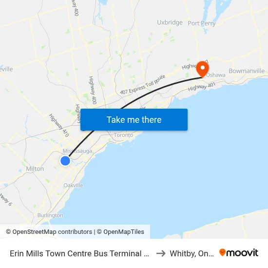 Erin Mills Town Centre Bus Terminal Platform C to Whitby, Ontario map