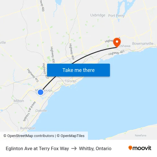 Eglinton Ave at Terry Fox Way to Whitby, Ontario map