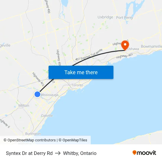 Syntex Dr at Derry Rd to Whitby, Ontario map
