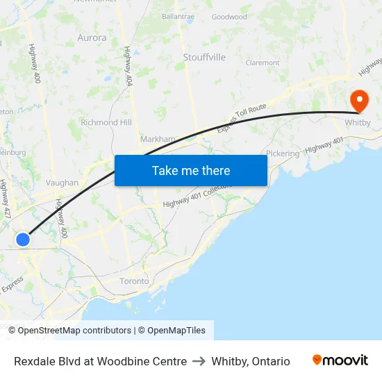 Rexdale Blvd at Woodbine Centre to Whitby, Ontario map