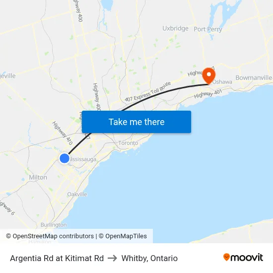 Argentia Rd at Kitimat Rd to Whitby, Ontario map