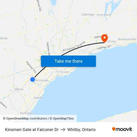 Kinsmen Gate at Falconer Dr to Whitby, Ontario map