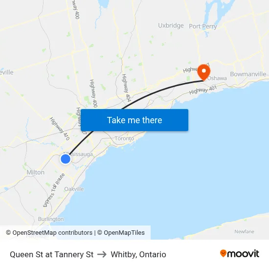 Queen St at Tannery St to Whitby, Ontario map