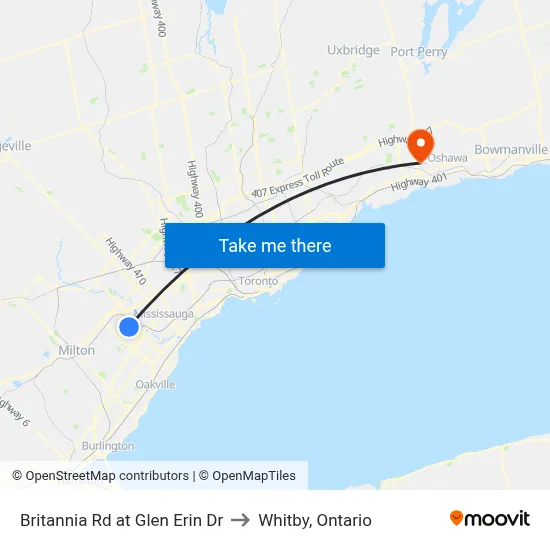 Britannia Rd at Glen Erin Dr to Whitby, Ontario map