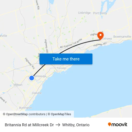 Britannia Rd at Millcreek Dr to Whitby, Ontario map