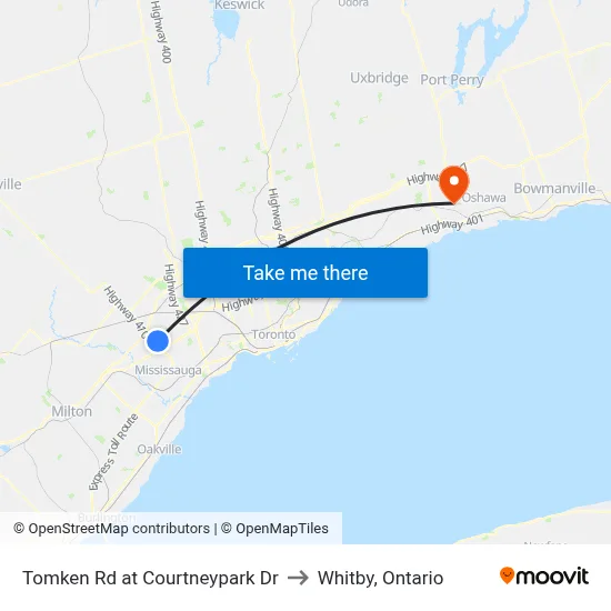 Tomken Rd at Courtneypark Dr to Whitby, Ontario map