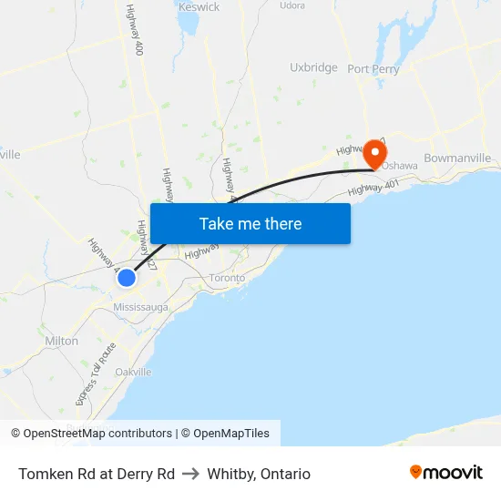 Tomken Rd at Derry Rd to Whitby, Ontario map