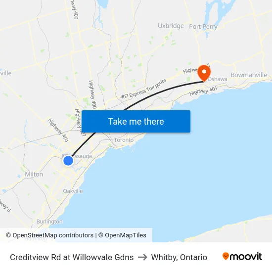 Creditview Rd at Willowvale Gdns to Whitby, Ontario map