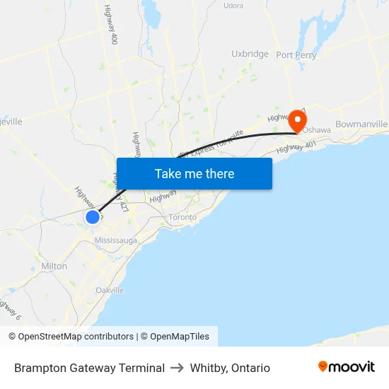 Brampton Gateway Terminal to Whitby, Ontario map