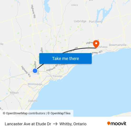 Lancaster Ave at Etude Dr to Whitby, Ontario map