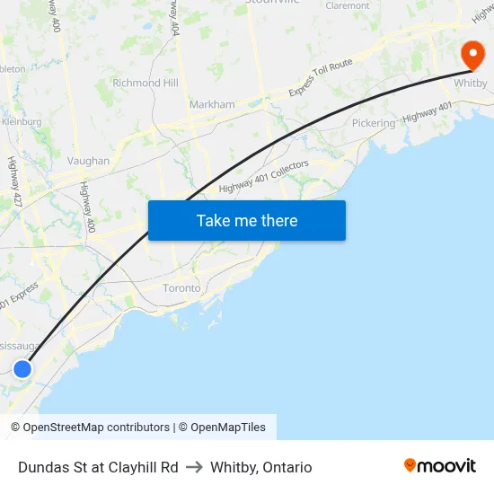 Dundas St at Clayhill Rd to Whitby, Ontario map