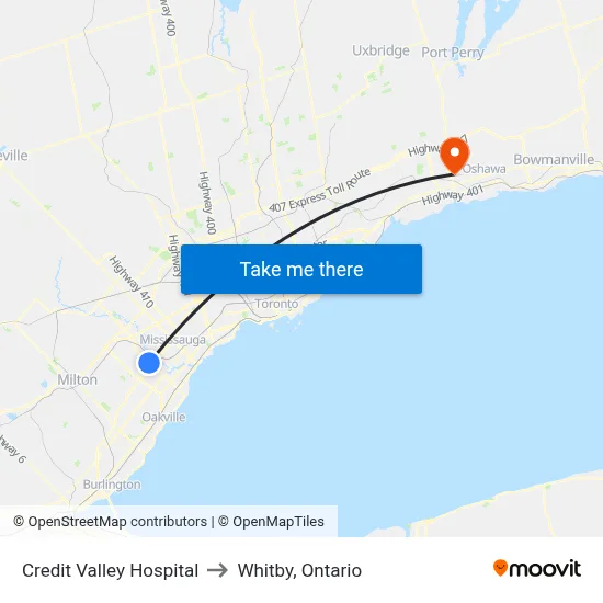 Credit Valley Hospital to Whitby, Ontario map