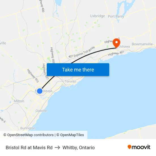Bristol Rd at Mavis Rd to Whitby, Ontario map