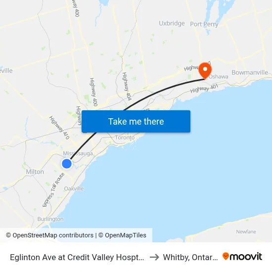 Eglinton Ave at Credit Valley Hosptial to Whitby, Ontario map