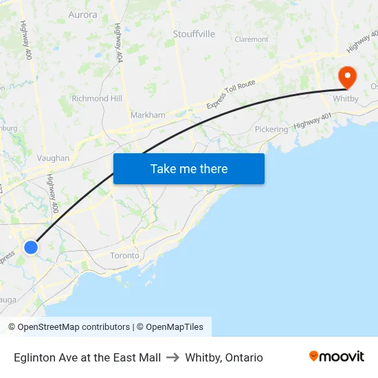 Eglinton Ave at the East Mall to Whitby, Ontario map