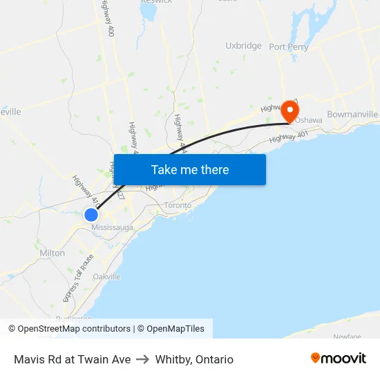 Mavis Rd at Twain Ave to Whitby, Ontario map