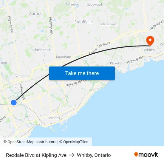 Rexdale Blvd at Kipling Ave to Whitby, Ontario map