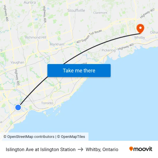 Islington Ave at Islington Station to Whitby, Ontario map