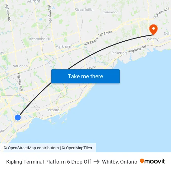 Kipling Terminal Platform 6 Drop Off to Whitby, Ontario map