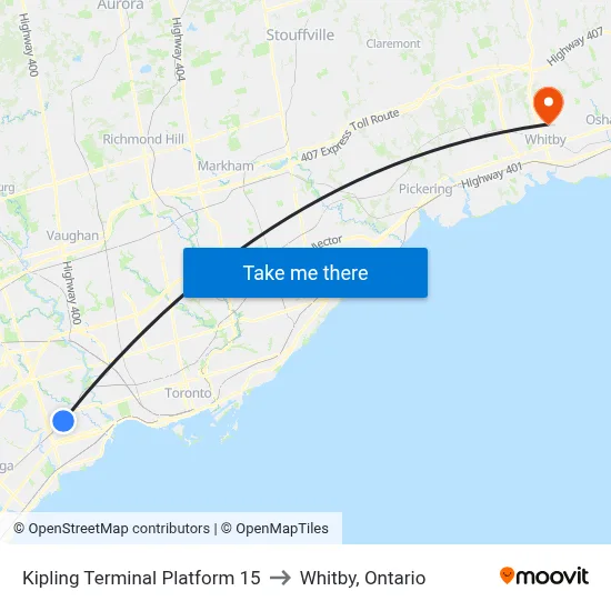 Kipling Terminal Platform 15 to Whitby, Ontario map