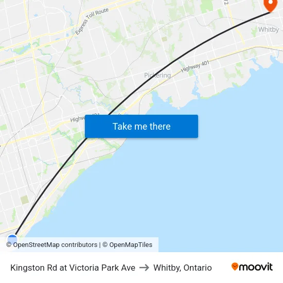 Kingston Rd at Victoria Park Ave to Whitby, Ontario map