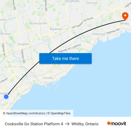 Cooksville Go Station Platform 4 to Whitby, Ontario map
