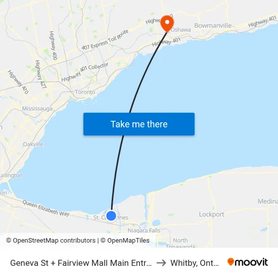 Geneva St + Fairview Mall Main Entrance to Whitby, Ontario map
