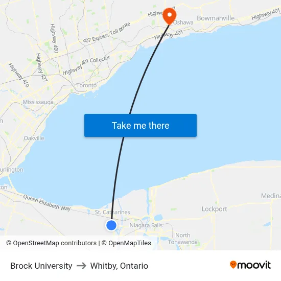 Brock University to Whitby, Ontario map