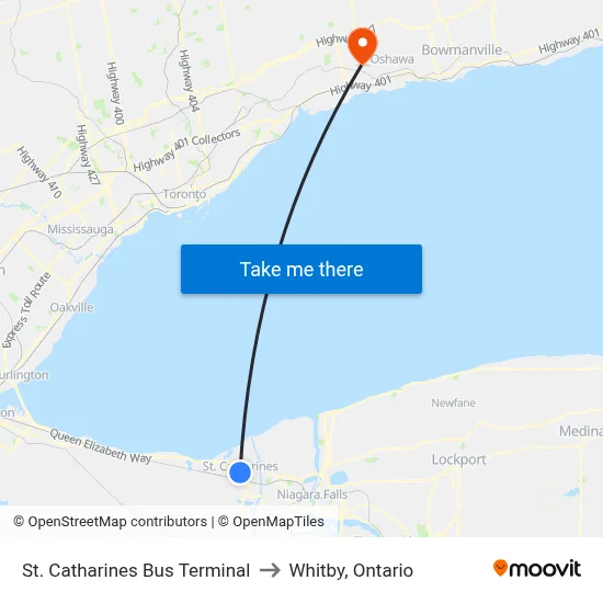 St. Catharines Bus Terminal to Whitby, Ontario map