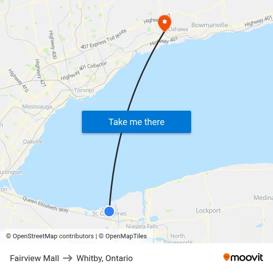 Fairview Mall to Whitby, Ontario map