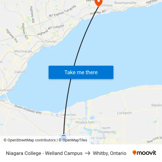 Niagara College - Welland Campus to Whitby, Ontario map