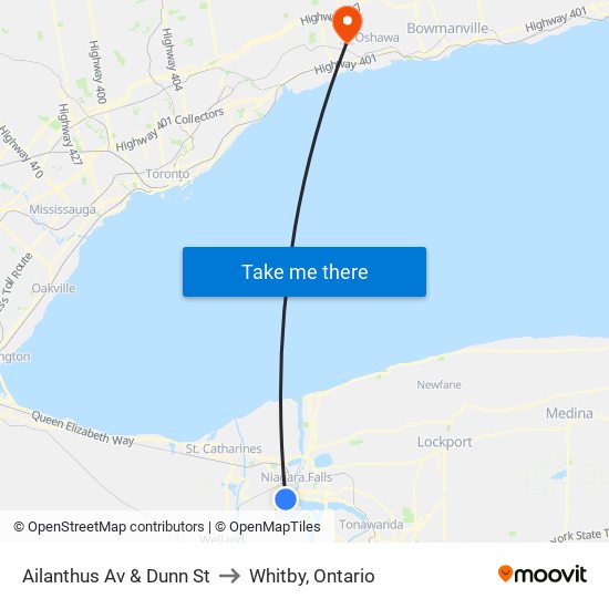 Ailanthus Av & Dunn St to Whitby, Ontario map