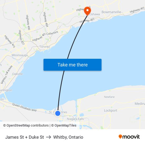 James St + Duke St to Whitby, Ontario map