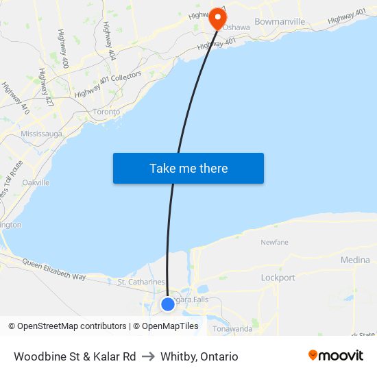 Woodbine St & Kalar Rd to Whitby, Ontario map