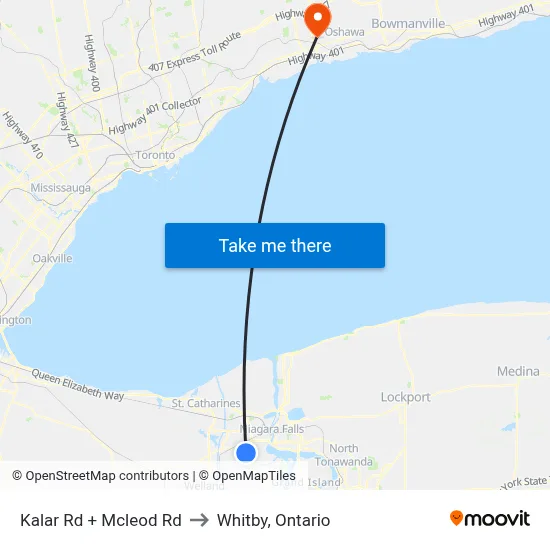 Kalar Rd + Mcleod Rd to Whitby, Ontario map