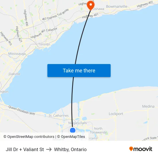 Jill Dr + Valiant St to Whitby, Ontario map
