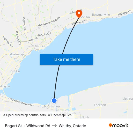 Bogart St + Wildwood Rd to Whitby, Ontario map