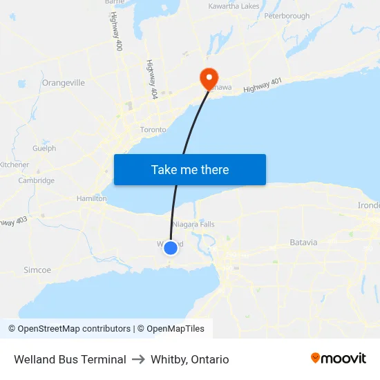 Welland Bus Terminal to Whitby, Ontario map