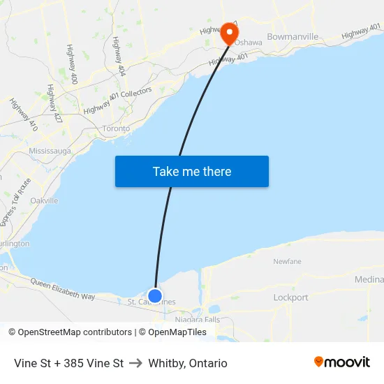 Vine St + 385 Vine St to Whitby, Ontario map