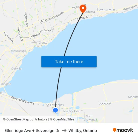 Glenridge Ave + Sovereign Dr to Whitby, Ontario map