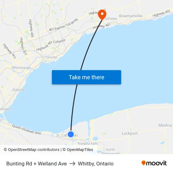 Bunting Rd + Welland Ave to Whitby, Ontario map