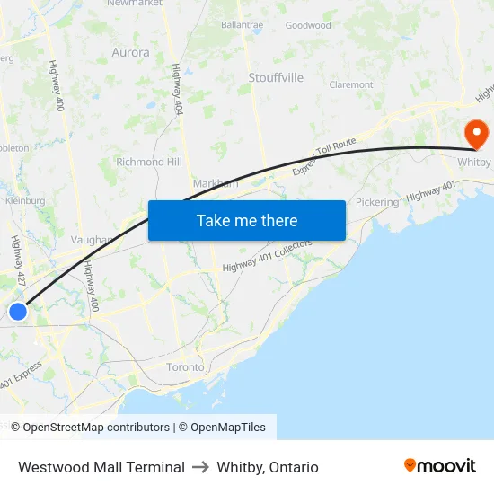 Westwood Mall Terminal to Whitby, Ontario map