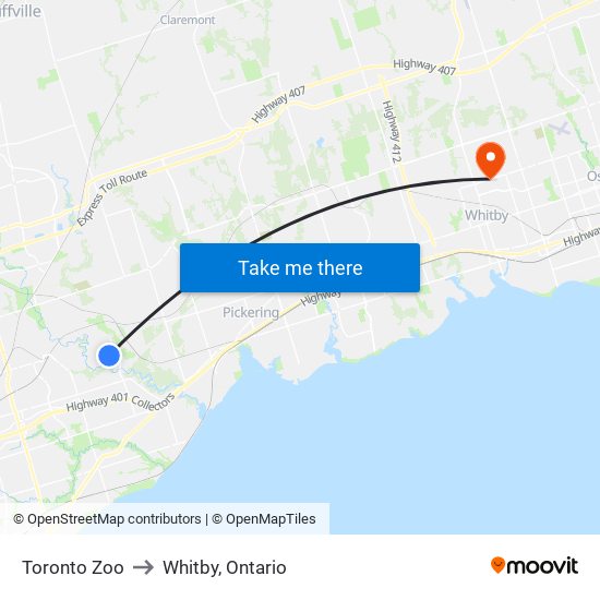 Toronto Zoo to Whitby, Ontario map